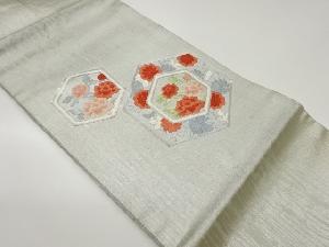 唐織銀駒刺繍木目に亀甲・菊・牡丹模様名古屋帯